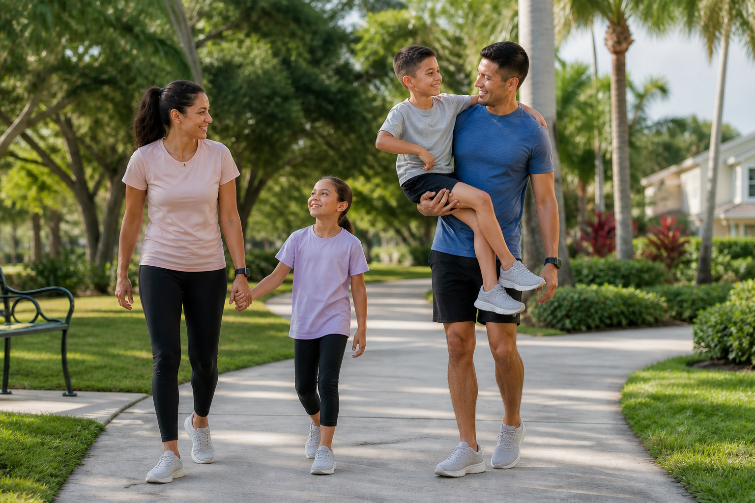 Active family of four walking together in a sunny Florida park