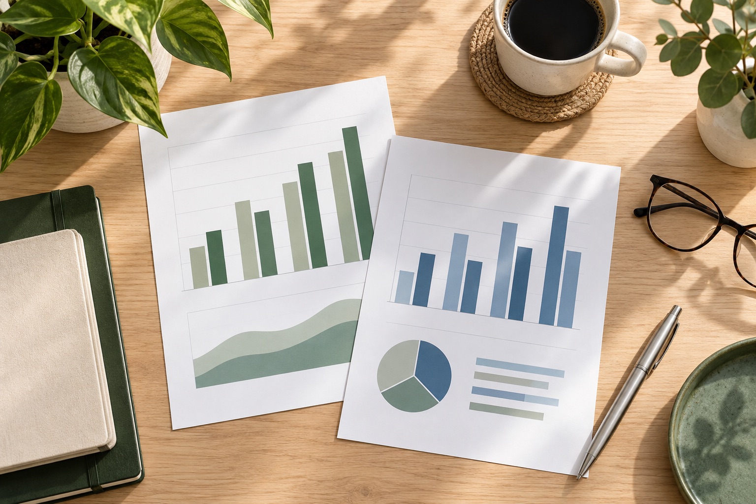 Two illustrative cost-comparison charts on a desk with glasses and a pen