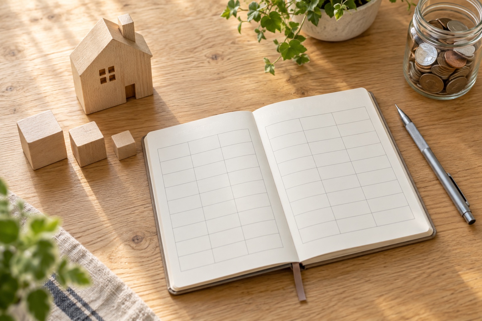 Blank planning notebook with a wooden house, blocks, pencil, and savings jar