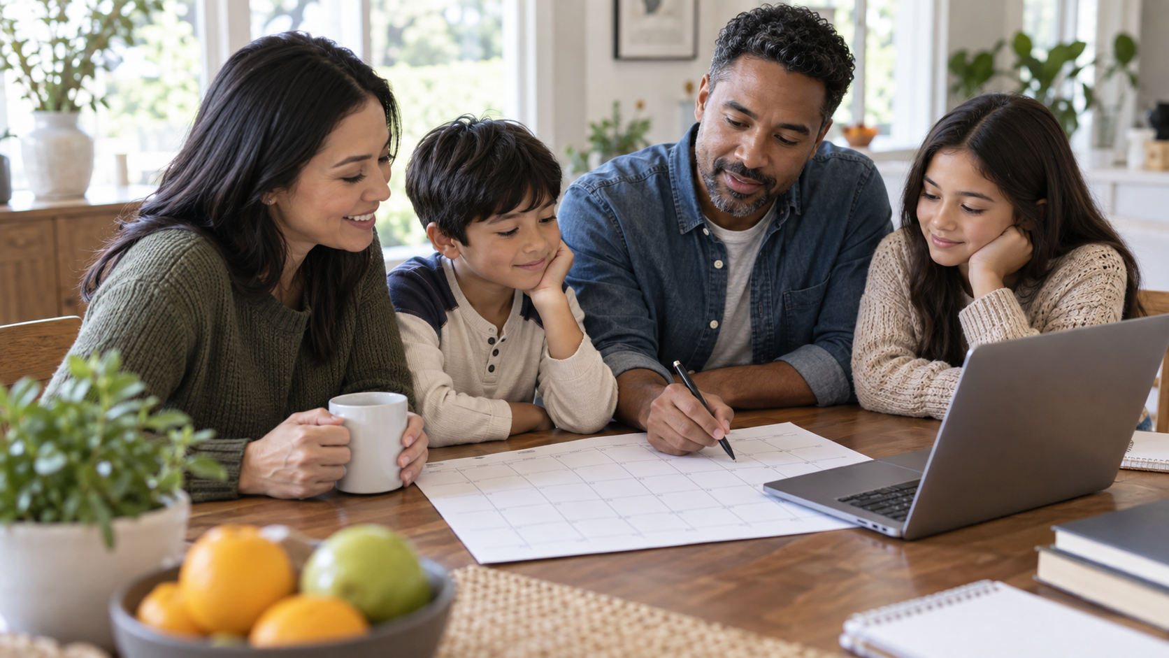 A family preparing for health insurance open enrollment with a calendar and laptop