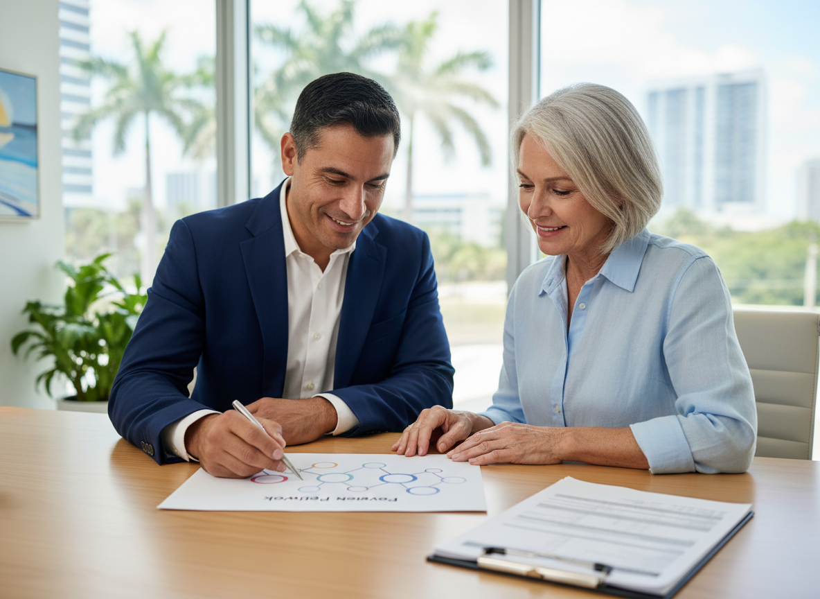 Older adult and insurance advisor reviewing a provider network map and healthcare options