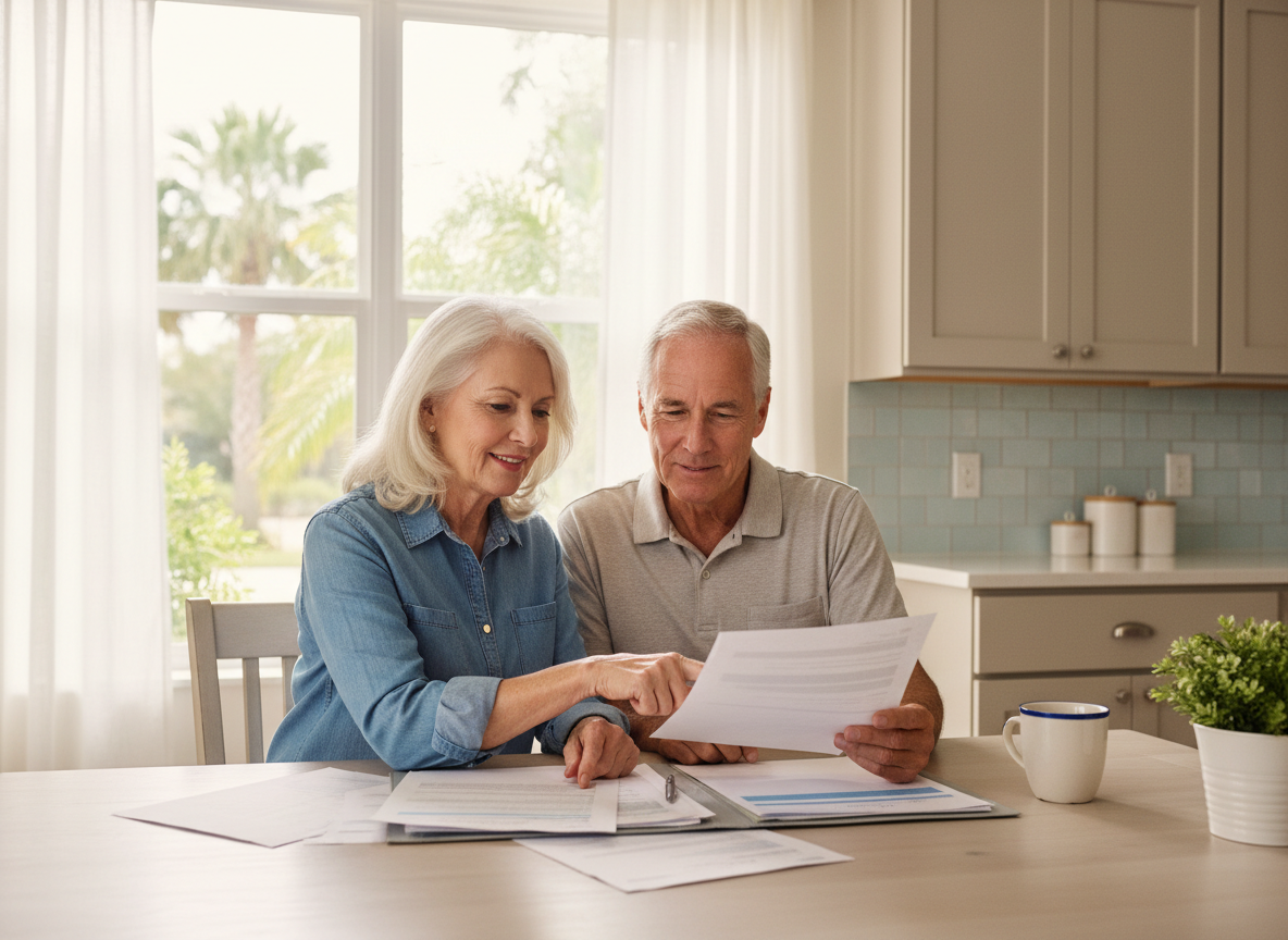 Older couple reviewing Medicare information together at a kitchen table